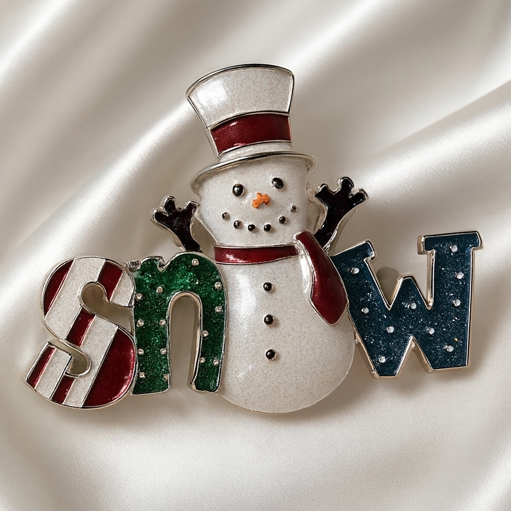 SNOWโ Holiday Brooch โ Glitter Snowman Enamel Letters on Silver-Tone Pin - Women
